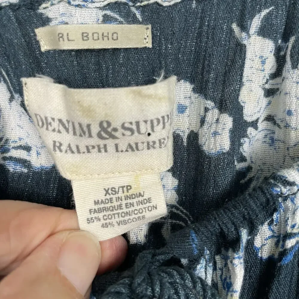 Denim & Supply Ralph Lauren RL Boho Top Womens Sz XS Navy Floral Peasant Tassels